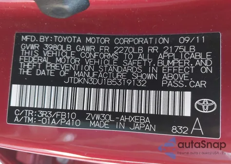 2011 Toyota Prius Two z USA, uszkodzony, nr VIN JTDKN3DU1B5319132
